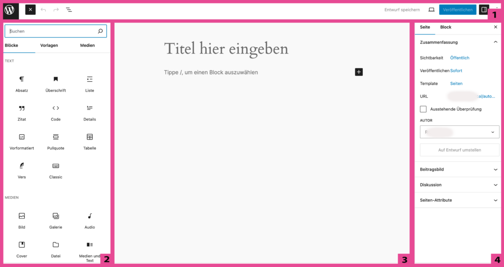 Die vier Hauptelemente des Gutenberg-Editors pink umrandet